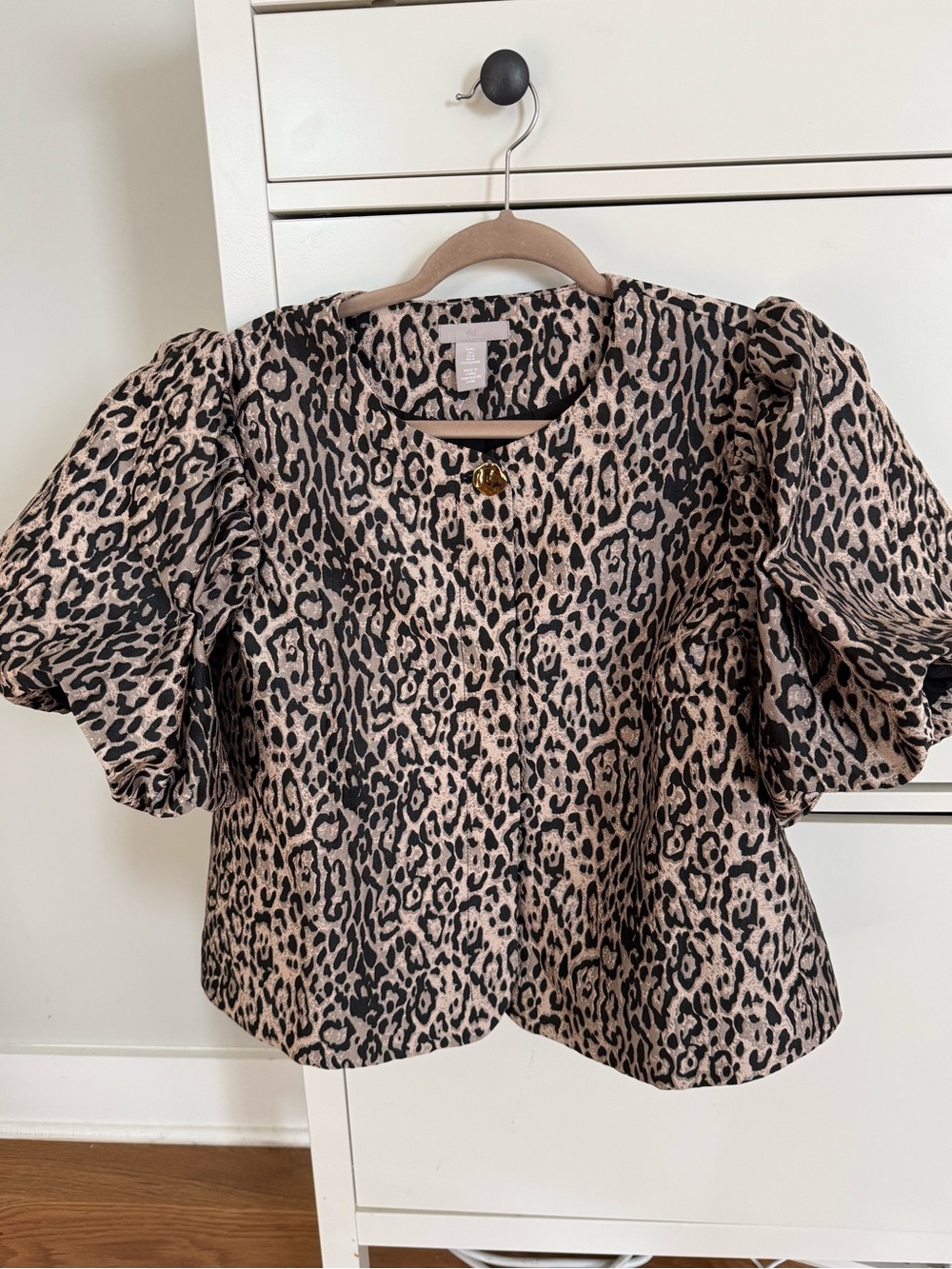 H&M Leopard Print Puff Sleeve Top - Beige/Black